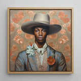 Apollo - Gay Black Dandy Cowboy Art Print / Canvas Framed Portrait Man Wide-brimmed Beige Hat Blue Patterned, Prints