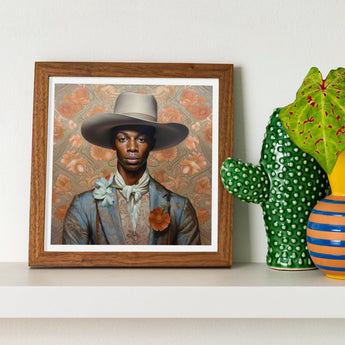 Apollo - Gay Black Dandy Cowboy Art Print / Canvas Framed Portrait Man Wide-brimmed Hat Formal Attire Set, Prints