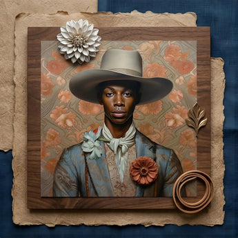Apollo - Gay Black Dandy Cowboy Art Print / Canvas Framed Portrait Man Wide-brimmed Hat Patterned Jacket Adorned Gay Black Cowboy, Cowboy