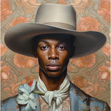 Apollo - Gay Black Dandy Cowboy Art Print / Canvas Wide-brimmed Gray Hat Floral Accents White Scarf, Prints
