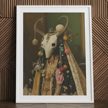 Aradia - Pagan Priestess Art Print / Canvas White Framed Bull Skull Wall Colorful Beads, Enigmatic Presence Woven, Forbidden Knowledge
