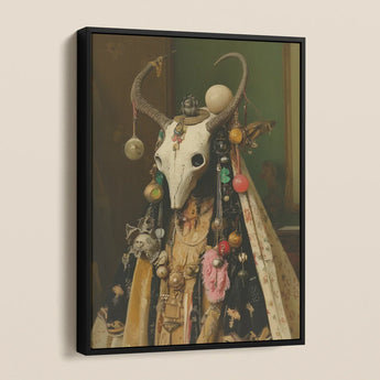 Aradia - Pagan Priestess Framed Canvas, Framed Painting Horned Skull Adorned Colorful Beads Fabric