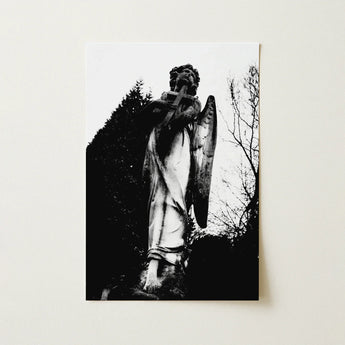 Archangel Holding Cross Art Print / Canvas Black-and-white Photograph Weathered Stone Angel Statue Detailed Figure Carved Prints