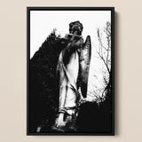 Archangel Holding Cross Art Print / Canvas Black-framed Black-and-white Photograph Weathered Stone Angel Statue Cross Figure Carved