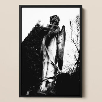 Archangel Holding Cross Art Print / Canvas Black-framed Black-and-white Photograph Weathered Stone Angel Statue Figure Carved Prints