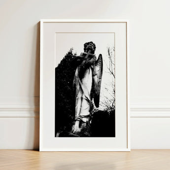 Archangel Holding Cross Art Print / Canvas Black-and-white Framed Photograph Stone Angel Statue Cross Set Figure Carved