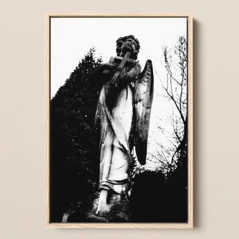 Archangel Holding Cross Art Print / Canvas Black-and-white Framed Photograph Weathered Stone Angel Statue Cross Figure Carved