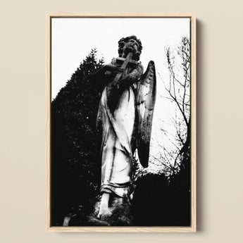 Archangel Holding Cross Art Print / Canvas Black-and-white Framed Photograph Weathered Stone Angel Statue Figure Carved Prints
