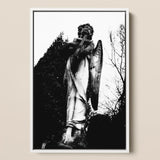 Archangel Holding Cross Art Print / Canvas Black-and-white Framed Photograph Weathered Stone Angel Statue Cross Figure Carved