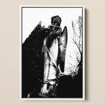 Archangel Holding Cross Art Print / Canvas Black-and-white Framed Photograph Weathered Stone Angel Statue Figure Carved Prints