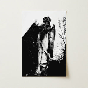 Archangel Holding Cross Art Print / Canvas Black-and-white Photograph Stone Angel Statue Cross Wings Draped Figure Carved