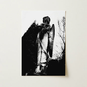 Archangel Holding Cross Art Print / Canvas Black-and-white Photograph Stone Angel Statue Cross Wings Draped Figure Carved