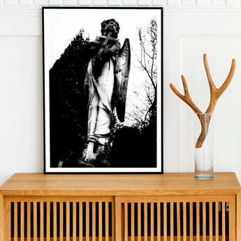 Archangel Holding Cross Art Print / Canvas Black-and-white Photograph Stone Angel Statue Wings Draped Figure Carved Prints