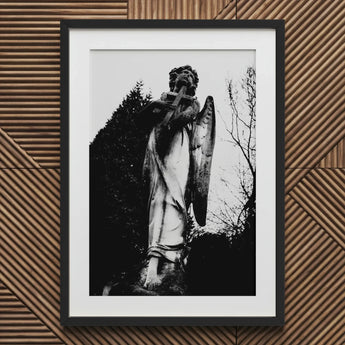 Archangel Holding Cross Art Print / Canvas Framed Black White Photograph Angelic Statue Figure Carved Prints