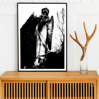 Archangel Holding Cross Art Print, Framed Black White Print Angel Statue