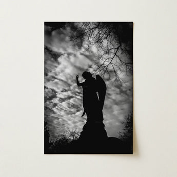 Black-and-white Photographic Print Silhouetted Angel Statue Outstretched Wings Garden Cemetery, Rough Stone Plinth, Carved, Climbs, Art,