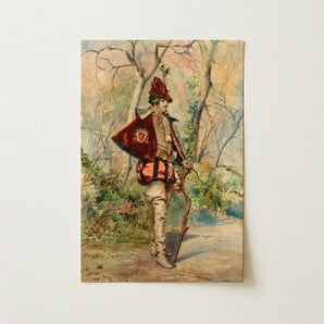 Vintage-style Watercolor Painting Depicts Soldier Ornate Red Gold Casimiro Tomba’s Archer, Tomba Art Print