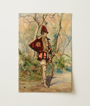 Vintage-style Watercolor Painting Depicts Soldier Ornate Red Gold Casimiro Tomba’s Archer, Tomba Art Print