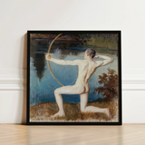 Black-framed Painting Nude Male Archer Dynamic Pose Rendered Väinö Blomstedt’s, Figure, Raw Sienna Grass, Longbow’s Golden-ochre Arc,
