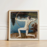 Framed Oil Painting Nude Male Figure Pose Bow Väinö Blomstedt’s Archer, Raw Sienna Grass, Longbow’s Golden-ochre Arc, Spanning, Finnish