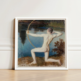 White-framed Painting Nude Male Figure Pose Bow Arrow Väinö Blomstedt’s Archer, Raw Sienna Grass, Longbow’s Golden-ochre Arc, Spanning,