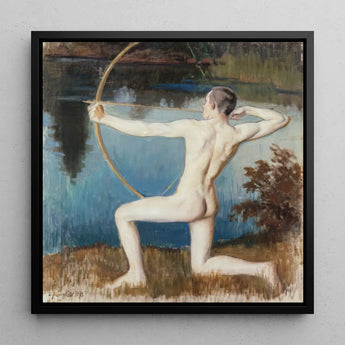 Archer - Vaino Blomstedt Art Print / Canvas Black-framed Painting Nude Male Figure Pose Bow Arrow Väinö Blomstedt’s, Raw Sienna Grass,