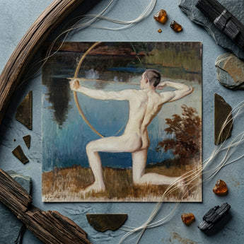 Archer - Vaino Blomstedt Art Print / Canvas Classical Oil Painting Nude Male Figure Pose Väinö Blomstedt’s, Raw Sienna Grass, Longbow’s