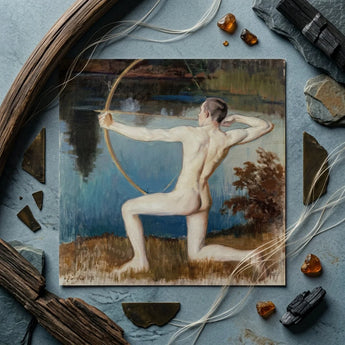 Archer - Vaino Blomstedt Art Print / Canvas Classical Oil Painting Nude Male Figure Pose Väinö Blomstedt’s, Raw Sienna Grass, Longbow’s