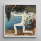 Archer - Vaino Blomstedt Art Print / Canvas Framed Oil Painting Nude Male Figure Pose Bow Väinö Blomstedt’s, Raw Sienna Grass, Longbow’s