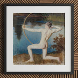 Archer - Vaino Blomstedt Art Print / Canvas Framed Painting Nude Figure Pose Bow Arrow Backdrop Väinö Blomstedt’s, Male, Raw Sienna Grass,
