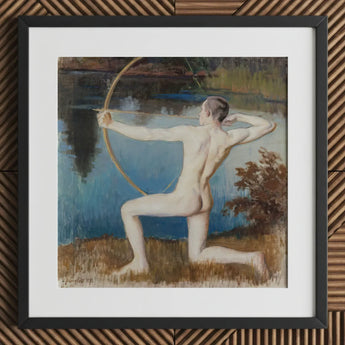 Archer - Vaino Blomstedt Art Print / Canvas Framed Painting Nude Figure Pose Bow Arrow Backdrop Väinö Blomstedt’s, Male, Raw Sienna Grass,