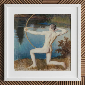 Archer - Vaino Blomstedt Art Print / Canvas Framed Painting Nude Male Figure Pose Bow Arrow Väinö Blomstedt’s, Raw Sienna Grass, Longbow’s