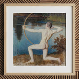 Archer - Vaino Blomstedt Art Print / Canvas Framed Painting Nude Male Figure Pose Bow Arrow Väinö Blomstedt’s, Raw Sienna Grass, Longbow’s