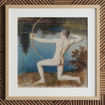 Archer - Vaino Blomstedt Art Print / Canvas Framed Painting Nude Male Figure Pose Bow Arrow Väinö Blomstedt’s, Raw Sienna Grass, Longbow’s