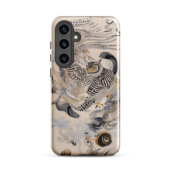Archimedes - Surreal Owl Art Phone Case Samsung Galaxy S24 Plus / Gloss Phone Case Detailed Illustration Owl Black White Striped Surreal
