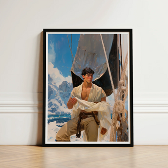 Framed Artwork Young Man Open White Shirt Beige Icy Grandeur Meets Sun-kissed Adventure, Gay Naval Explorer, Art Print