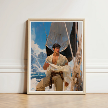 Framed Artwork Young Man Open White Shirt Beige Icy Grandeur Meets Sun-kissed Adventure, Gay Naval Explorer, Art Print