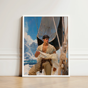 White-framed Artwork Young Man Open White Shirt Beige Icy Grandeur Meets Sun-kissed Adventure, Gay Naval Explorer, Art Print