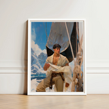 White-framed Artwork Young Man Nautical Attire Backdrop Snowy Icy Grandeur Meets Sun-kissed Adventure, Gay Naval Explorer, Art Print