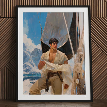 Arctic Circuit - Gay Naval Explorer Art Print / Canvas Black-framed Artwork Painted Portrait Young Man White Attire Icy Grandeur Meets