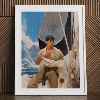 Arctic Circuit - Gay Naval Explorer Art Print / Canvas White-framed Artwork Young Man Open White Shirt Beige Icy Grandeur Meets Sun-kissed