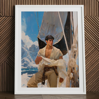 Arctic Circuit - Gay Naval Explorer Art Print / Canvas White-framed Artwork Young Man Open White Shirt Beige Icy Grandeur Meets Sun-kissed