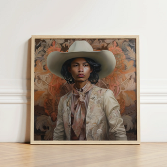 Framed Portrait Person Wide-brimmed Beige Cowboy Hat Ornate Gay Tamil, Dapper Queer, Dandy