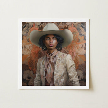 Arjuna - Gay Tamil Cowboy Dandy Art Print / Canvas Framed Portrait Person Off-white Hat Embroidered, Dapper Queer, Prints