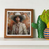 Arjuna - Gay Tamil Cowboy Dandy Art Print / Canvas Framed Portrait Person Wide-brimmed White Cowboy Hat Off-white Gay Tamil Cowboy, Dapper