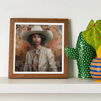 Arjuna - Gay Tamil Cowboy Dandy Art Print / Canvas Framed Portrait Person Wide-brimmed White Hat Off-white, Dapper Queer, Prints
