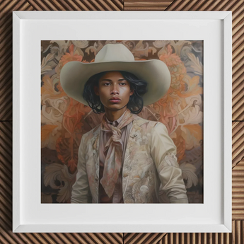 Arjuna - Gay Tamil Cowboy Dandy Art Print / Canvas Cowboy Hat Wide Brim Band Cream-colored Fabric Gay Tamil Cowboy, Dapper Queer Tamil,