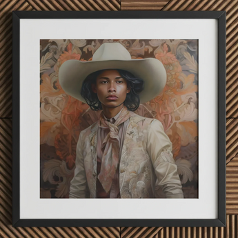 Arjuna - Gay Tamil Cowboy Dandy Art Print / Canvas Cowboy Hat Wide Brim Light Beige Color Made Gay Tamil Cowboy, Dapper Queer Tamil, Dandy