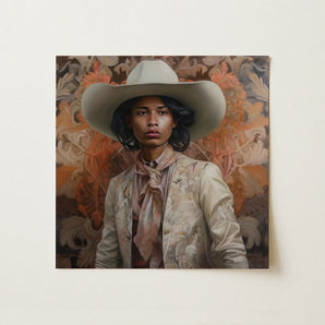 Arjuna - Gay Tamil Cowboy Dandy Art Print / Canvas Square Canvas Painting Portrait Person Off-white Cowboy Hat Gay Tamil Cowboy, Dapper