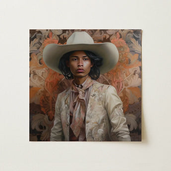 Arjuna - Gay Tamil Cowboy Dandy Art Print / Canvas Square Canvas Painting Portrait Person Off-white Cowboy Hat Gay Tamil Cowboy, Dapper